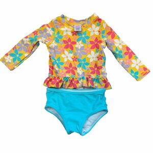 RuffleButts 2pc Rash Guard Swimsuit 12-18M Floral Yellow Blue Ruffle